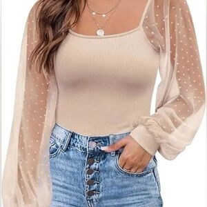 Doruse Cream Sheer Sleeve Ribbed Top – Size Small‎